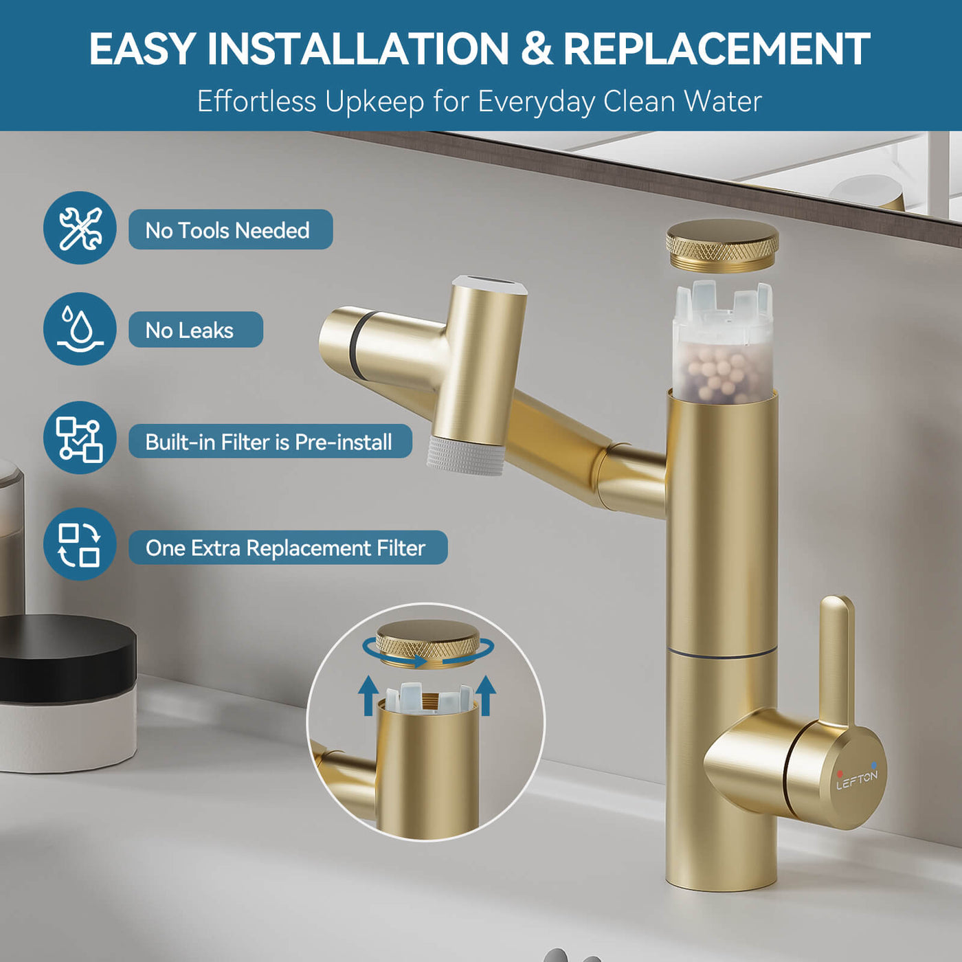 Metora Single-Hand 1080° Rotating Bathroom Built-in Filter Faucet With Temperature Display-BPF01