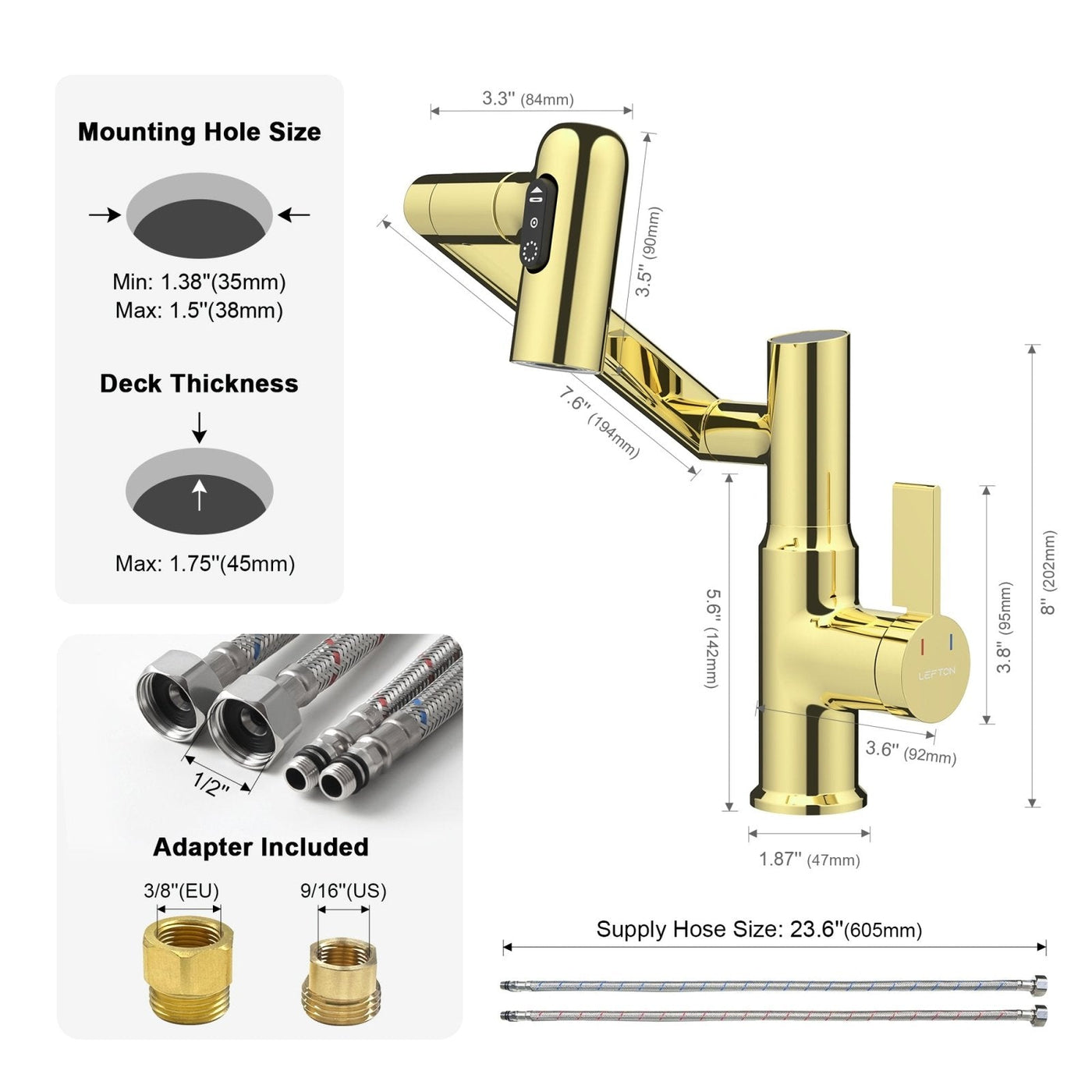 Recertified-Metora Single-Hole Rotatable Faucet with Temperature Display-BF2204-US