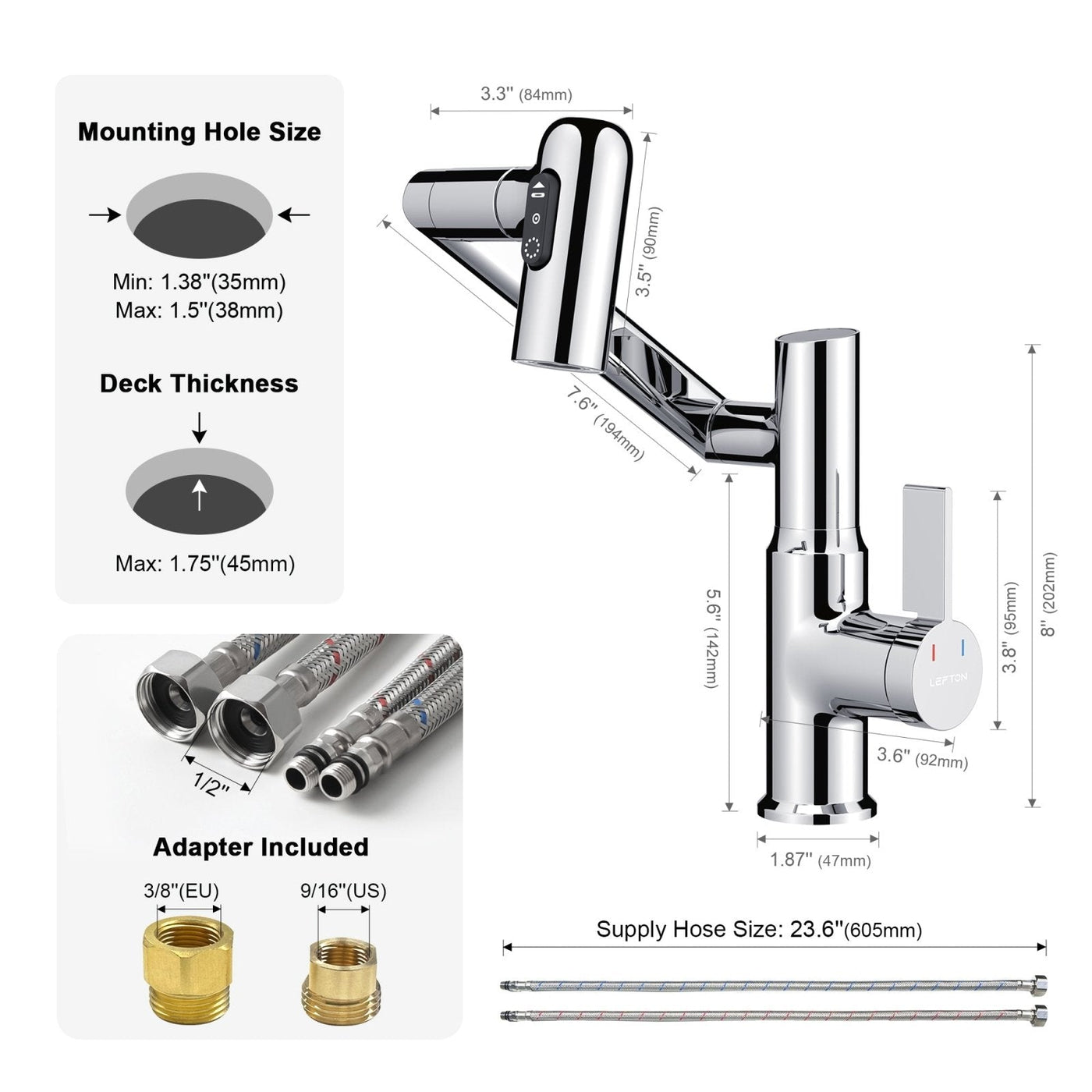 Recertified-Metora Single-Hole Rotatable Faucet with Temperature Display-BF2204-US