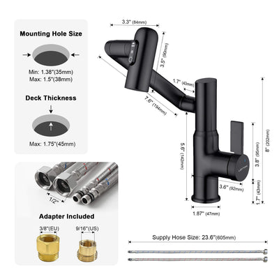 Metora Single-Hole Rotatable Faucet with Temperature Display-BF2204 with Pop-up Bathroom Sink Drain Stopper Without Overflow-D01