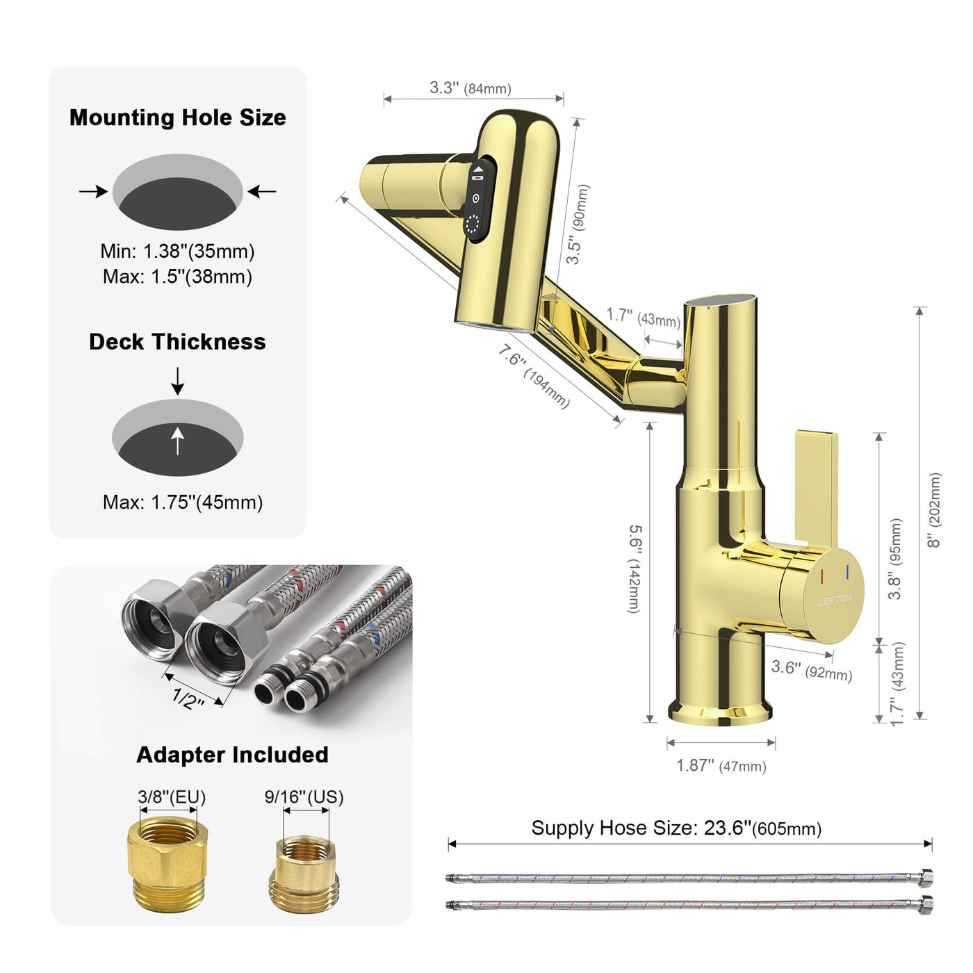 Metora Single-Hole Rotatable Faucet with Temperature Display-BF2204 with Pop-up Bathroom Sink Drain Stopper Without Overflow-D01