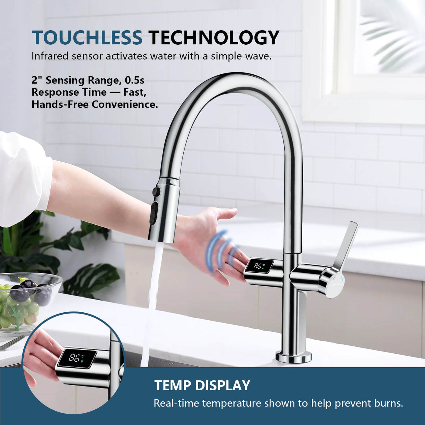 Metora Touchless Sensor & Pull-Down Kitchen Faucet with Temperature Display-KF2206