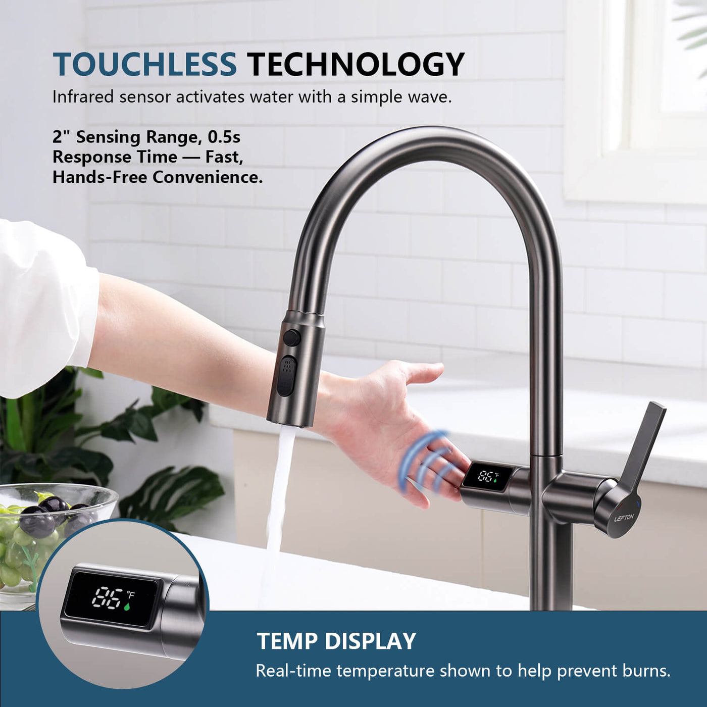 Metora Touchless Sensor & Pull-Down Kitchen Faucet with Temperature Display-KF2206