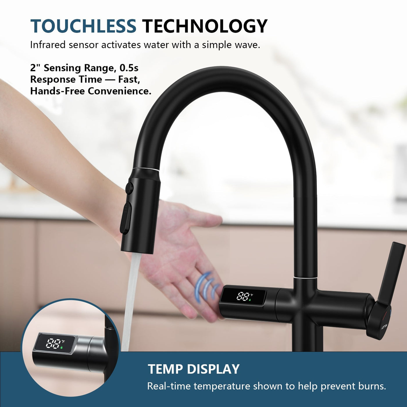 Metora Touchless Sensor & Pull-Down Kitchen Faucet with Temperature Display-KF2206