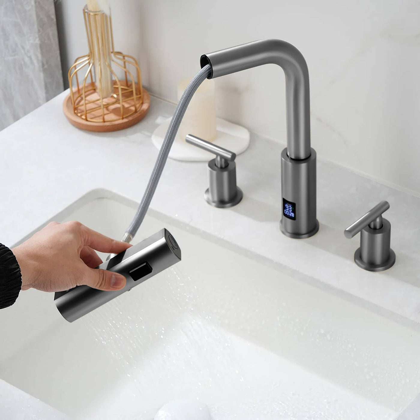 Metora Two-Handle Widespread Waterfall & Pull-Out Bathroom Faucet with Temperature Display-BFWS2401