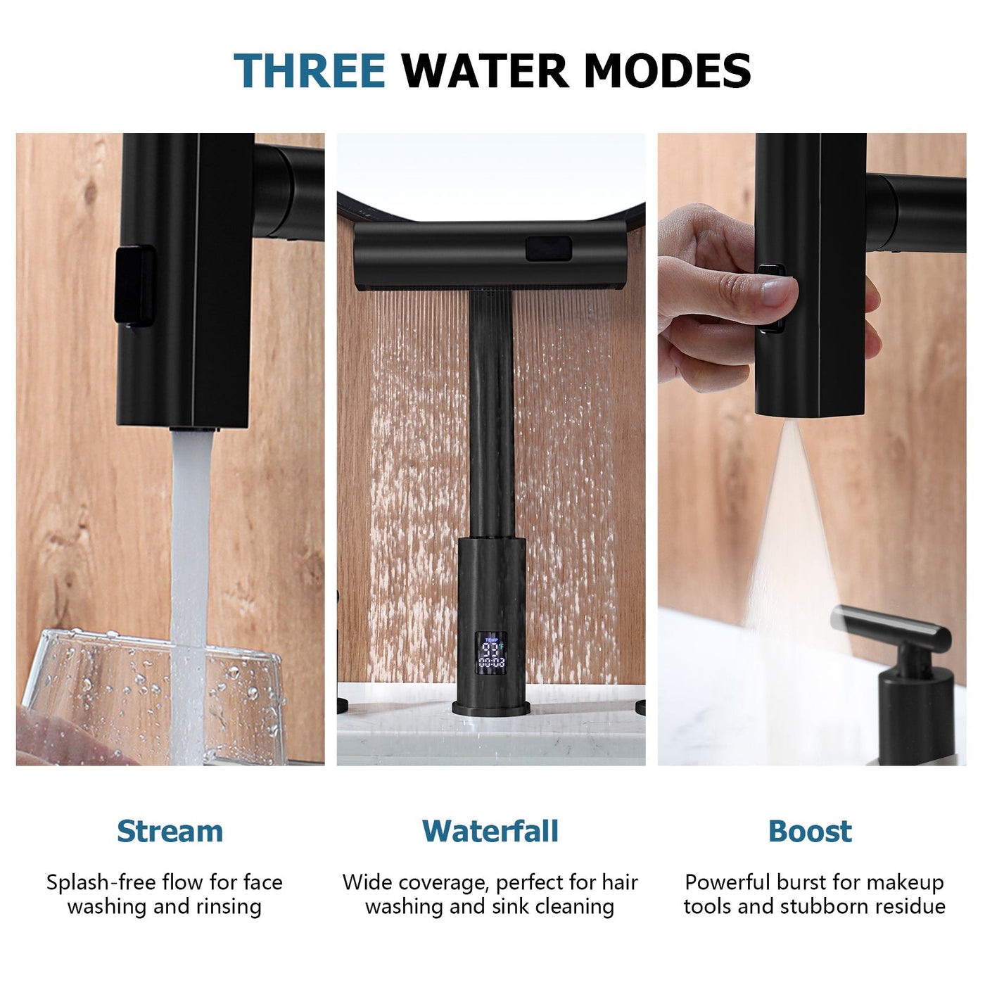 Metora Two-Handle Widespread Waterfall & Pull-Out Bathroom Faucet with Temperature Display-BFWS2401