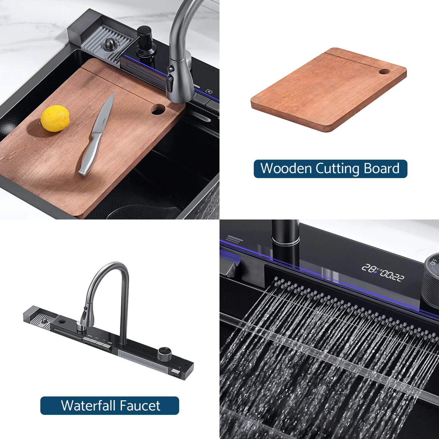 Metora Two Waterfall Faucets Kitchen Sink with Digital Temperature Display & LED Lighting-KS2206