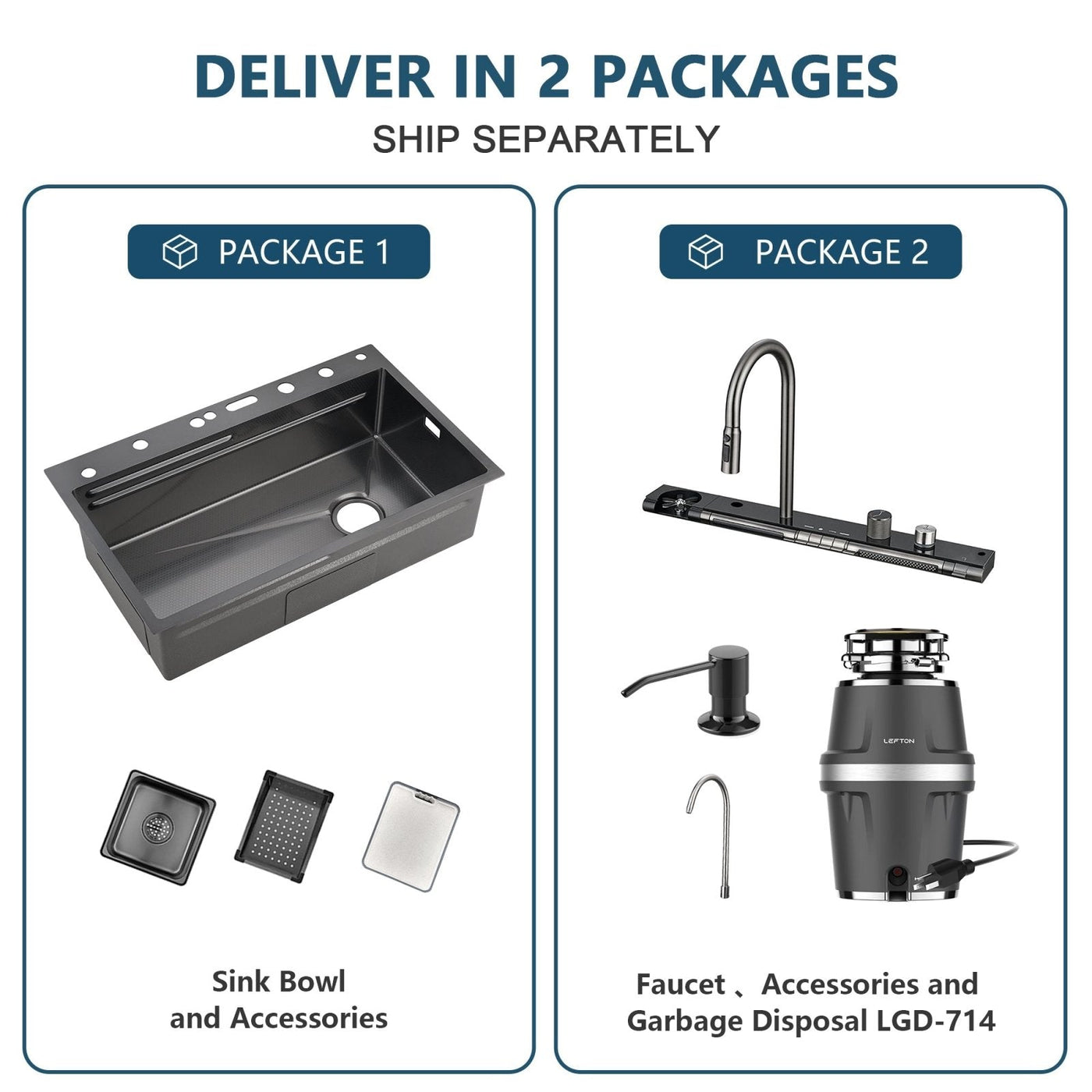 Metora Waterfall Faucet Kitchen Sink- KS2207 with 3/4 HP Garbage Disposal LGD-714