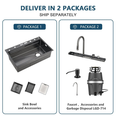 Metora Waterfall Faucet Kitchen Sink- KS2207 with 3/4 HP Garbage Disposal LGD-714