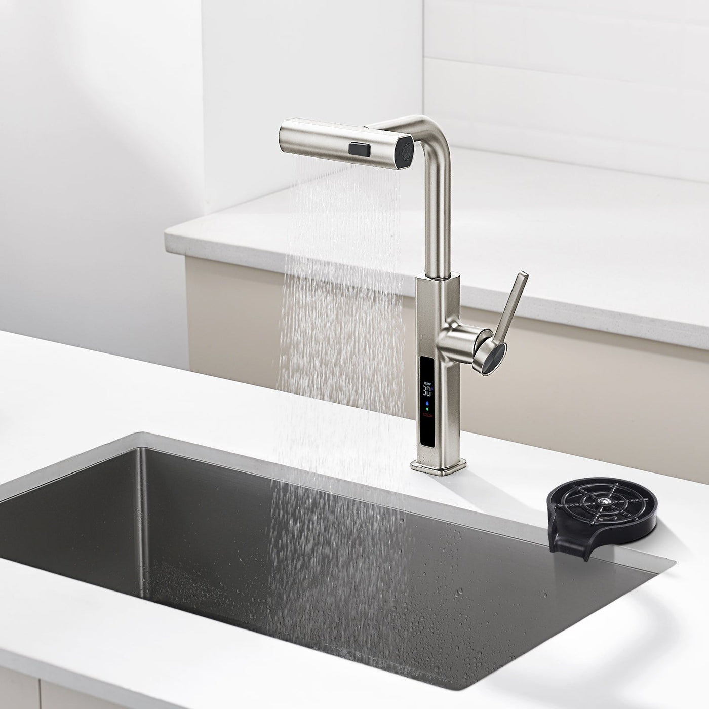 Metora Waterfall & Pull-Out Kitchen Faucet with Temperature Display-KF2209 with Countertop Glass Rinser-KFR2201