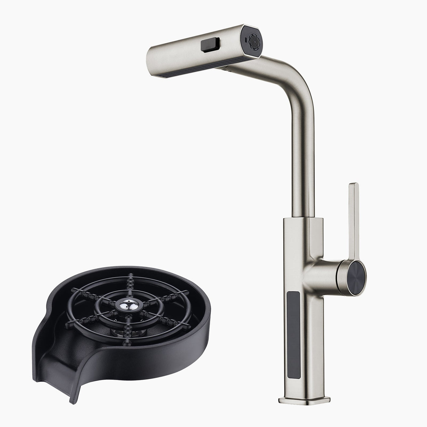 Metora Waterfall & Pull-Out Kitchen Faucet with Temperature Display-KF2209 with Countertop Glass Rinser-KFR2201