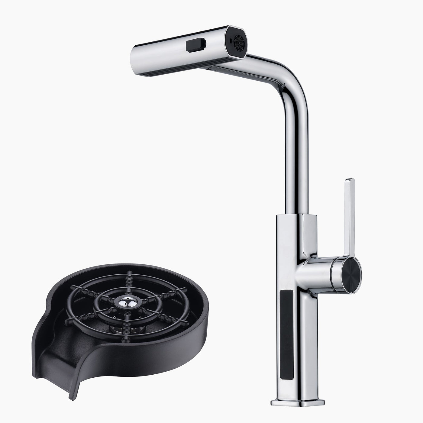 Metora Waterfall & Pull-Out Kitchen Faucet with Temperature Display-KF2209 with Countertop Glass Rinser-KFR2201