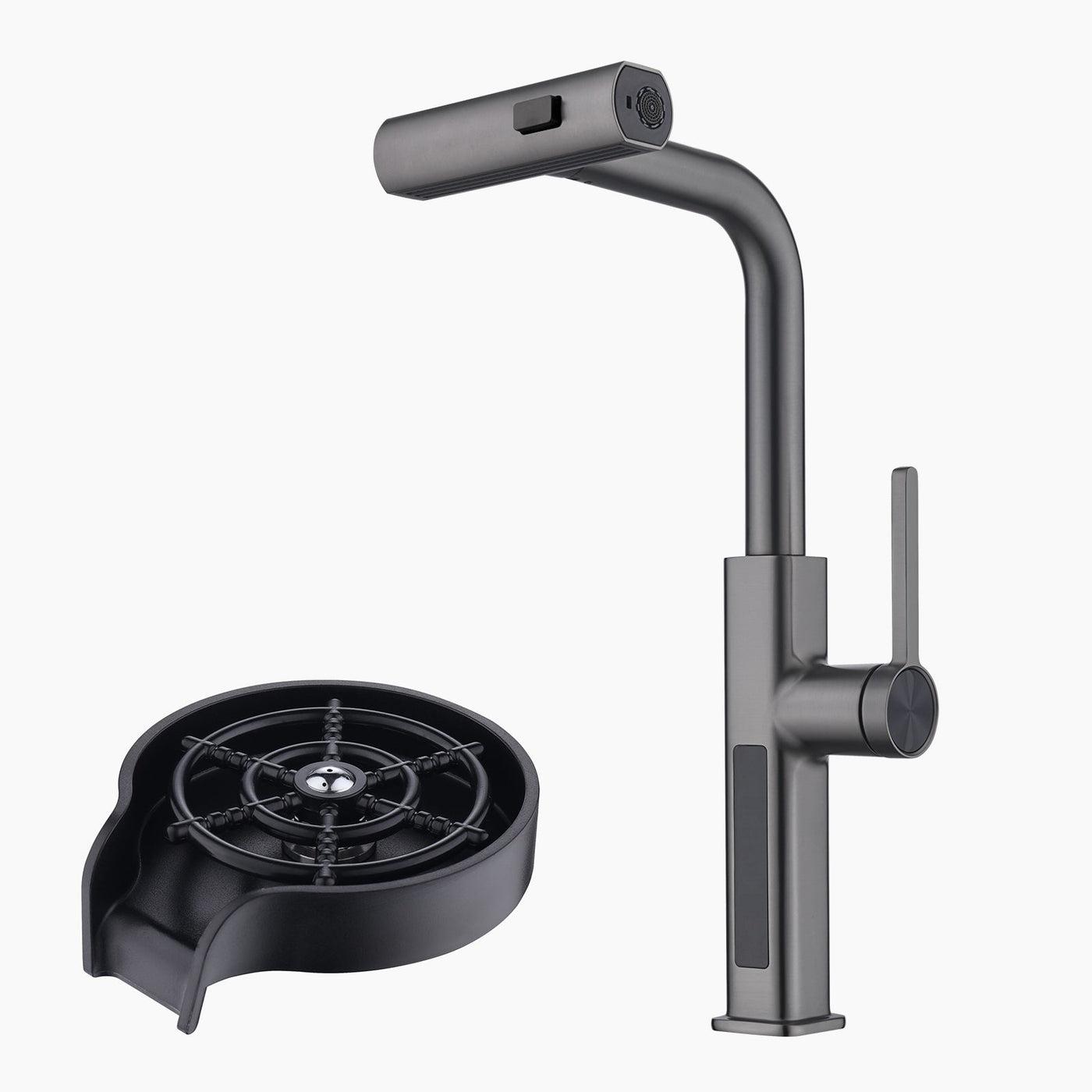 Metora Waterfall & Pull-Out Kitchen Faucet with Temperature Display-KF2209 with Countertop Glass Rinser-KFR2201