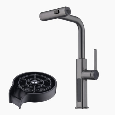 Metora Waterfall & Pull-Out Kitchen Faucet with Temperature Display-KF2209 with Countertop Glass Rinser-KFR2201