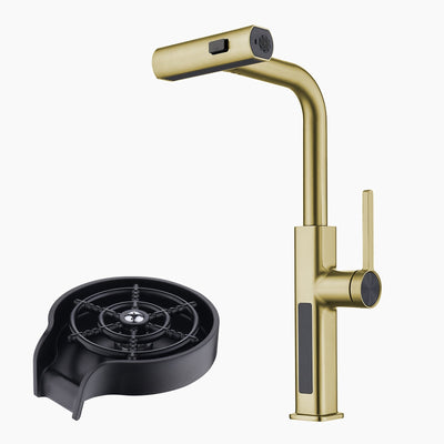 Metora Waterfall & Pull-Out Kitchen Faucet with Temperature Display-KF2209 with Countertop Glass Rinser-KFR2201