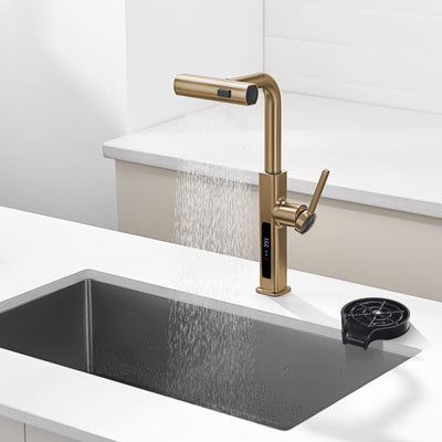 Metora Waterfall & Pull-Out Kitchen Faucet with Temperature Display-KF2209 with Countertop Glass Rinser-KFR2201