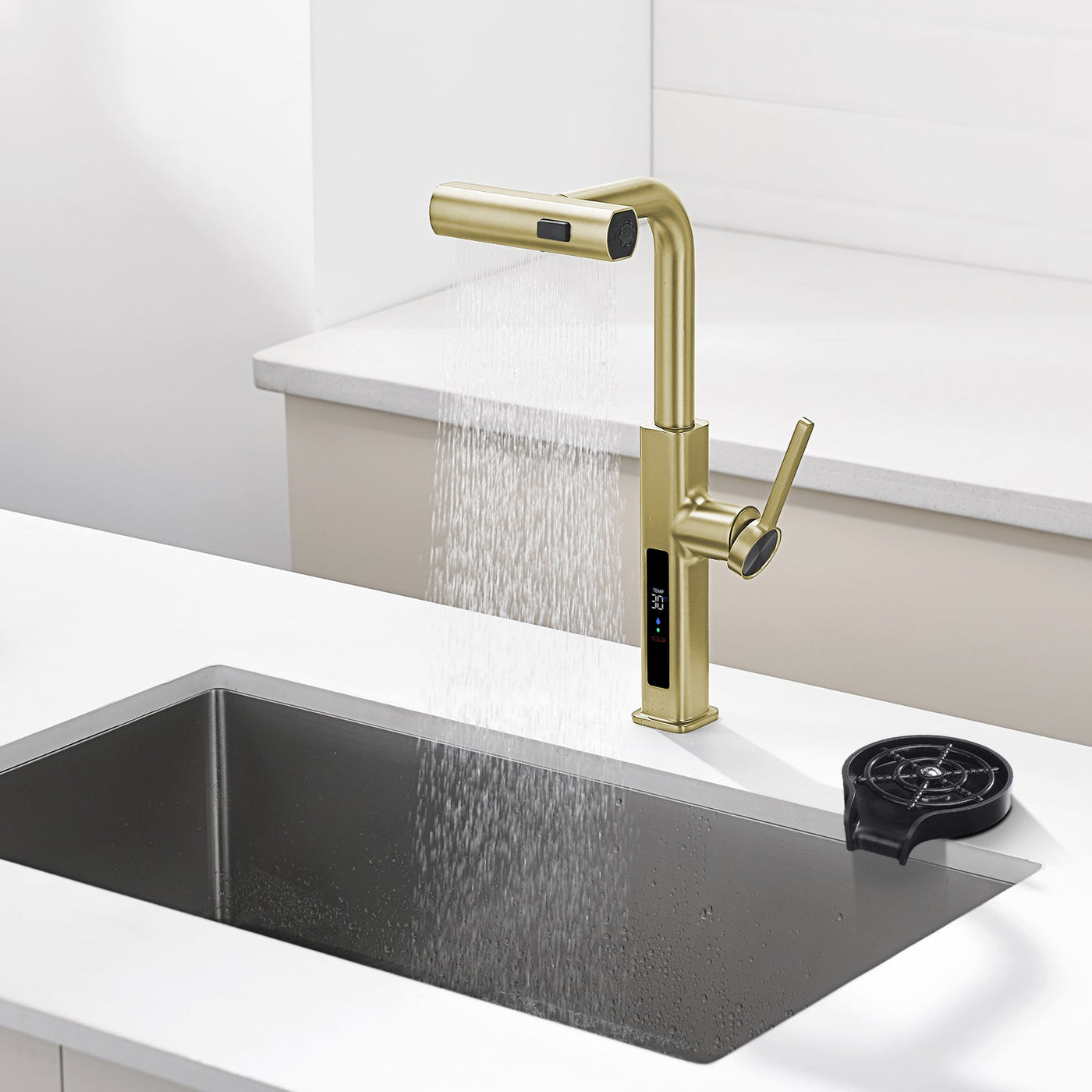 Metora Waterfall & Pull-Out Kitchen Faucet with Temperature Display-KF2209 with Countertop Glass Rinser-KFR2201