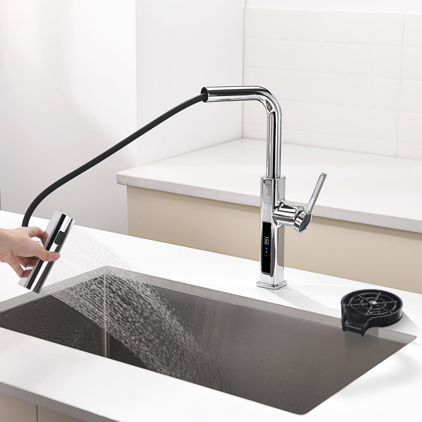 Metora Waterfall & Pull-Out Kitchen Faucet with Temperature Display-KF2209 with Countertop Glass Rinser-KFR2201