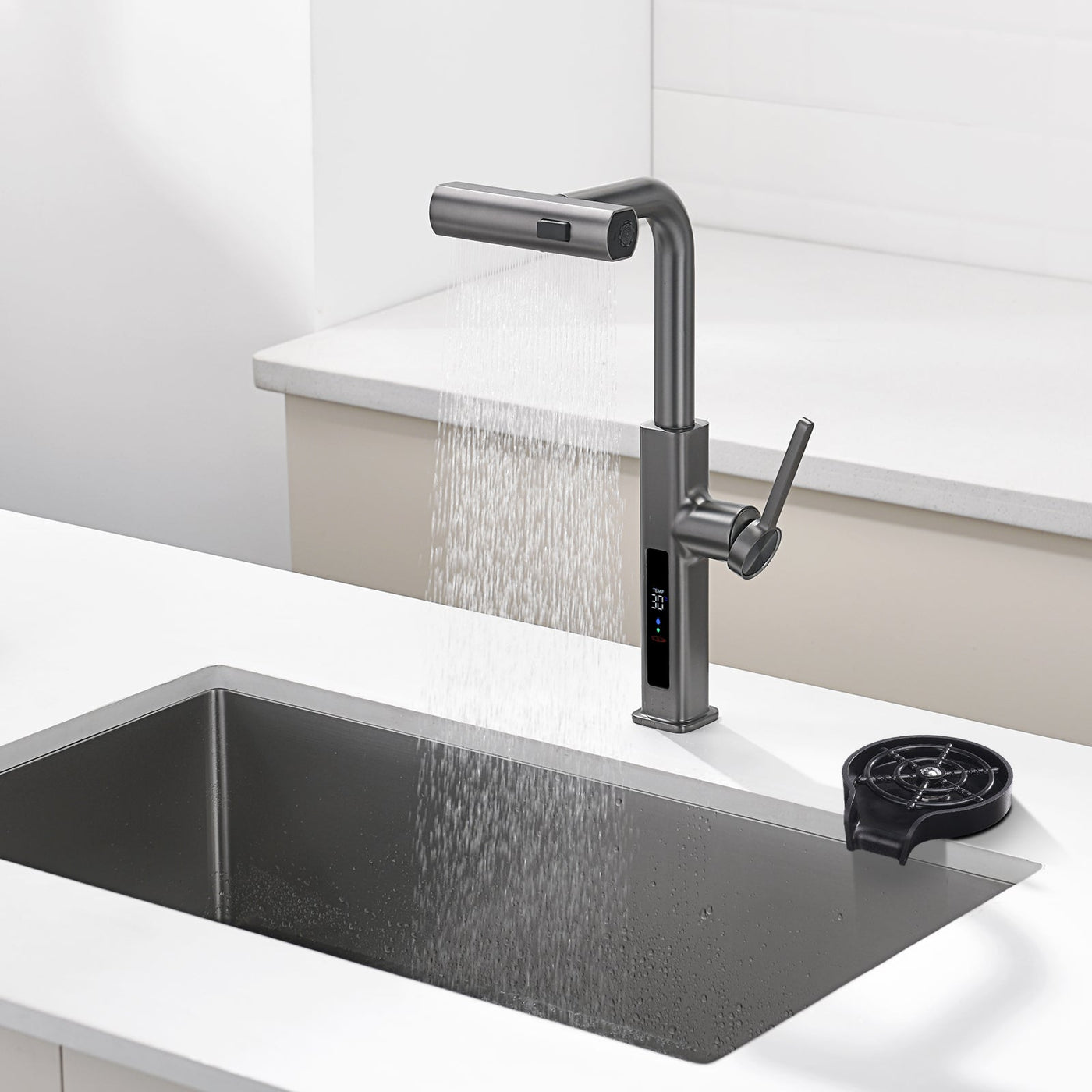 Metora Waterfall & Pull-Out Kitchen Faucet with Temperature Display-KF2209 with Countertop Glass Rinser-KFR2201