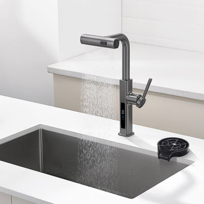 Metora Waterfall & Pull-Out Kitchen Faucet with Temperature Display-KF2209 with Countertop Glass Rinser-KFR2201