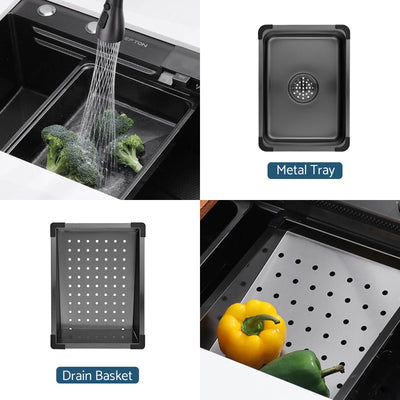 Metora Waterfall Workstation Kitchen Sink Set With Digital Temperature Display & Knife Holder-KS2204