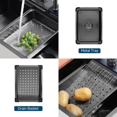 Metora 33x22 Inch Waterfall Workstation Kitchen Sink Set Digital Temperature Display & LED Lighting-KS2205L