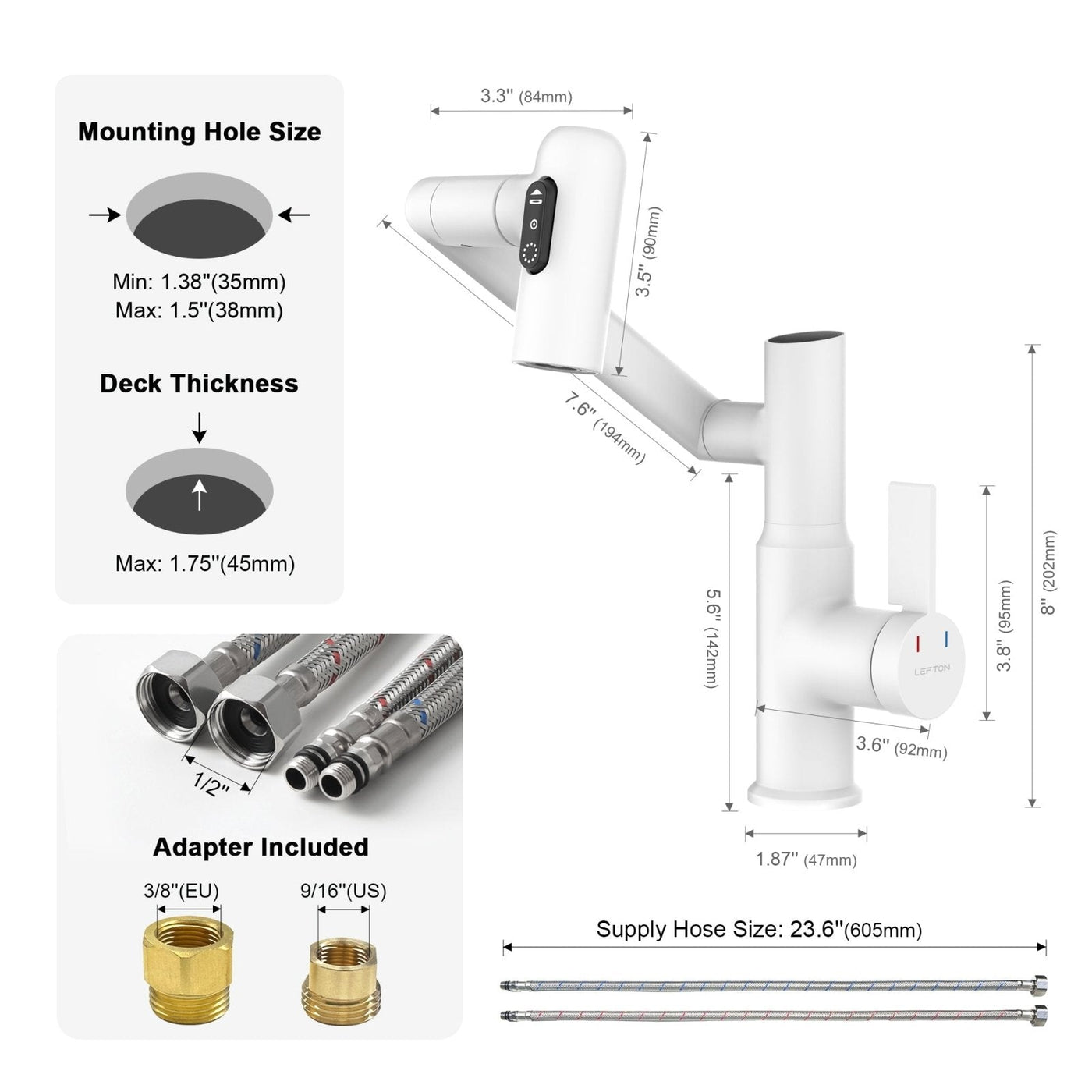 Recertified-Metora Single-Hole Rotatable Faucet with Temperature Display-BF2204-US