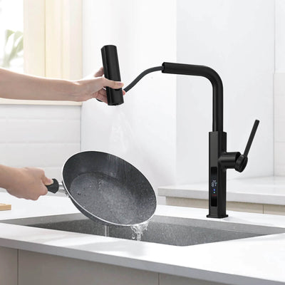Metora Waterfall & Pull-Out Kitchen Faucet with Temperature Display-KF2209 with Countertop Glass Rinser-KFR2201