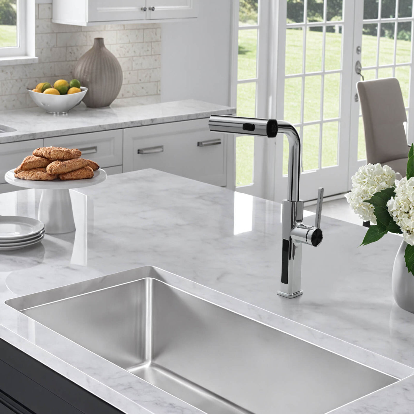 Metora Waterfall & Pull-Out Kitchen Faucet with Temperature Display-KF2209 with Countertop Glass Rinser-KFR2201