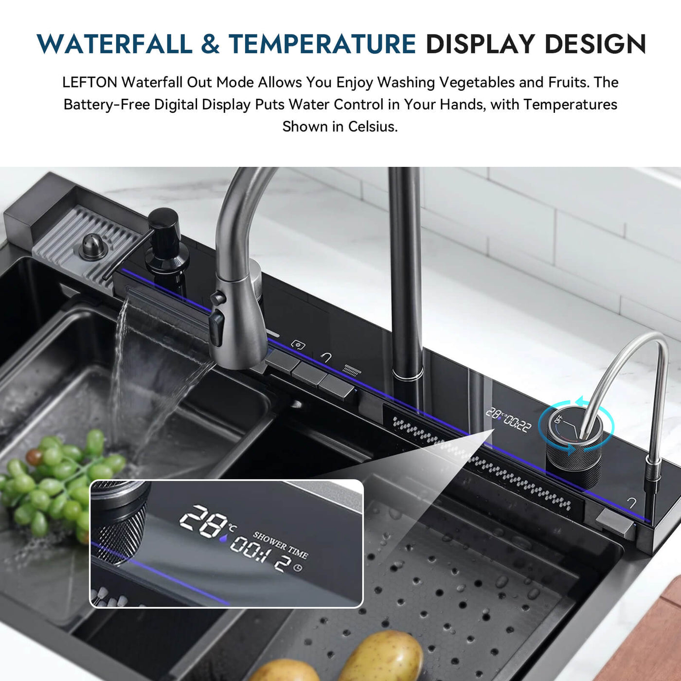 Recertified-Two Waterfall Faucets Kitchen Sink with Digital Temperature Display & LED Lighting-KS2206-EU