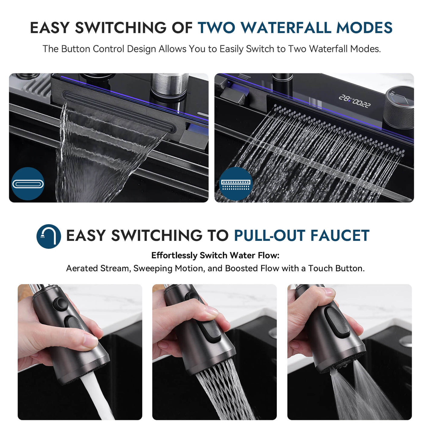 Recertified-Two Waterfall Faucets Kitchen Sink with Digital Temperature Display & LED Lighting-KS2206-EU