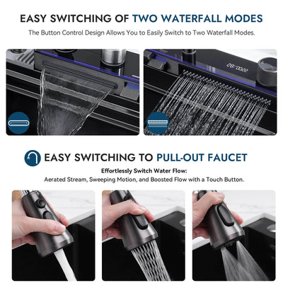Recertified-Two Waterfall Faucets Kitchen Sink with Digital Temperature Display & LED Lighting-KS2206-EU