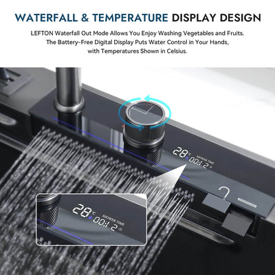 Recertified-Waterfall Workstation Kitchen Sink Set Digital Temperature Display & LED Lighting-KS2205-EU