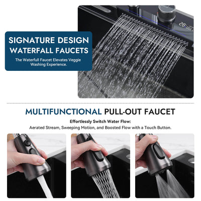 Recertified-Waterfall Workstation Kitchen Sink Set Digital Temperature Display & LED Lighting-KS2205-EU
