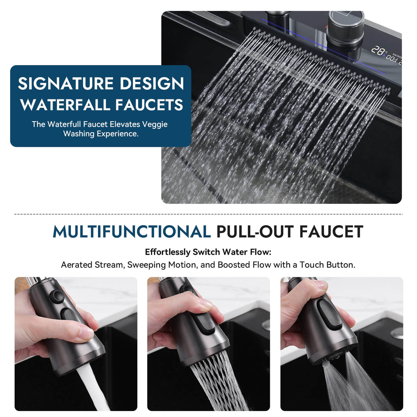 Metora Waterfall Workstation Kitchen Sink Set Digital Temperature Display & LED Lighting-KS2205