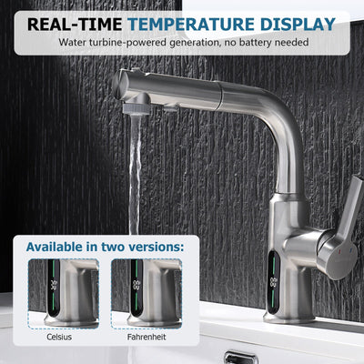 Metora Single-Hole Liftable Pull-Out Bathroom Faucet With Temperature Display-BF2501