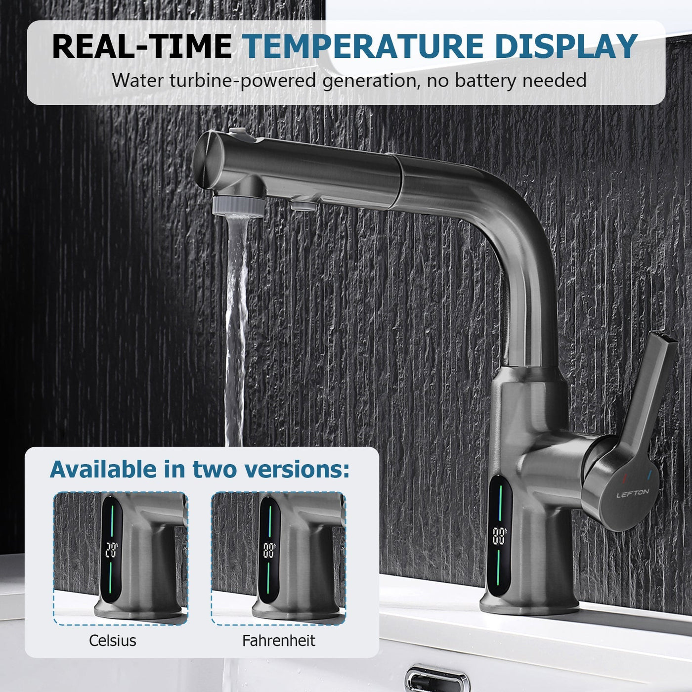 Metora Single-Hole Liftable Pull-Out Bathroom Faucet With Temperature Display-BF2501