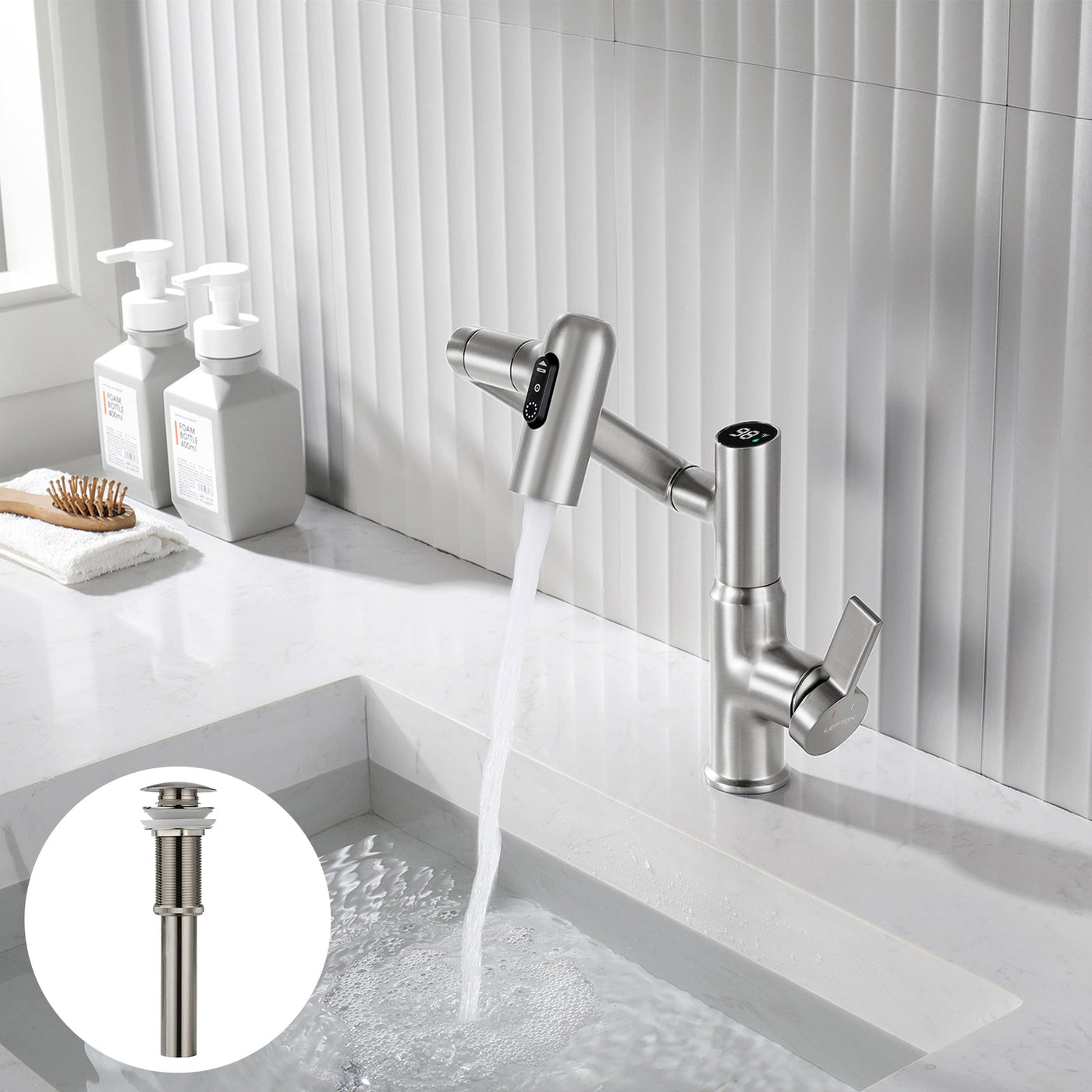 Metora Single-Hole Rotatable Faucet with Temperature Display-BF2204 with Pop-up Bathroom Sink Drain Stopper Without Overflow-D01