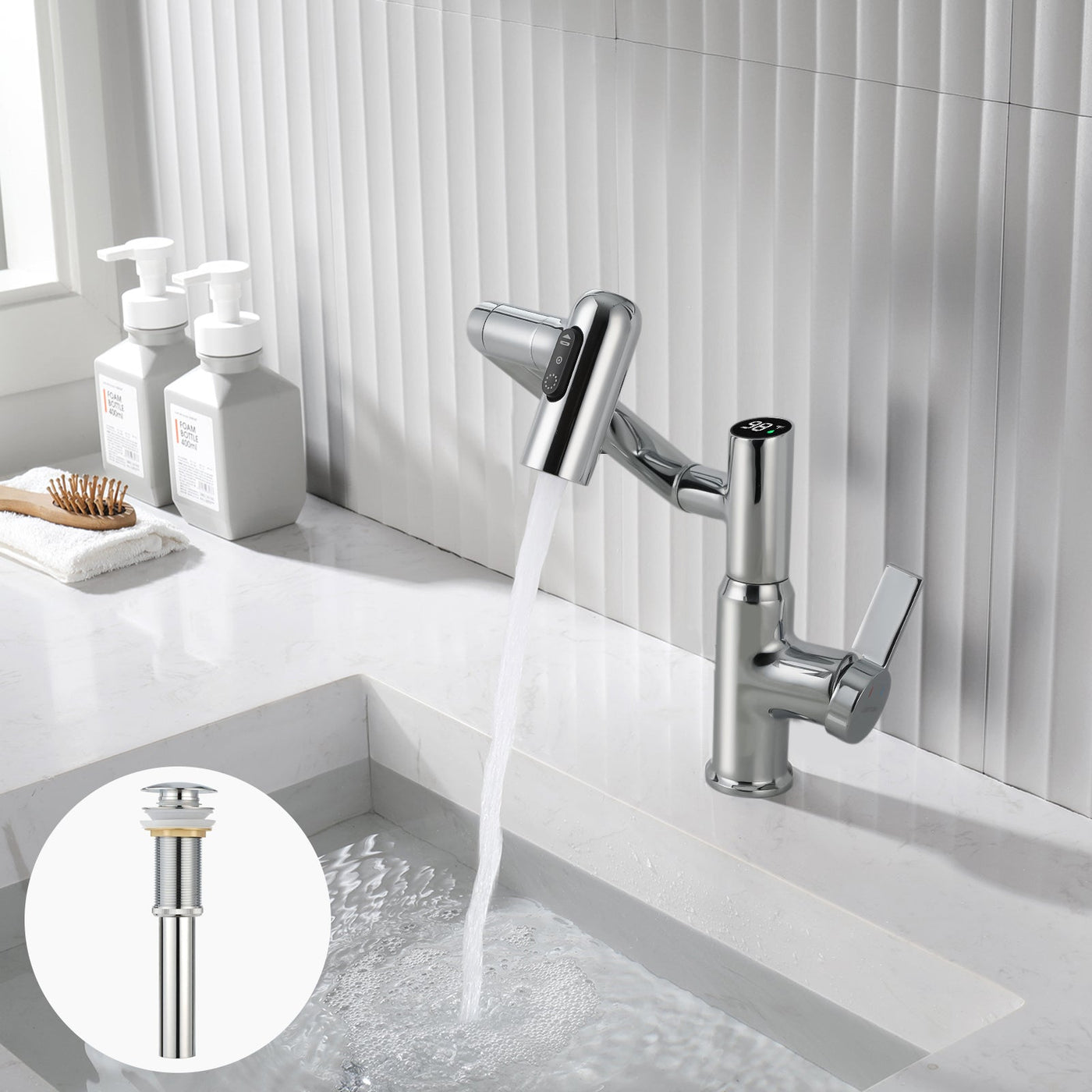 Metora Single-Hole Rotatable Faucet with Temperature Display-BF2204 with Pop-up Bathroom Sink Drain Stopper Without Overflow-D01