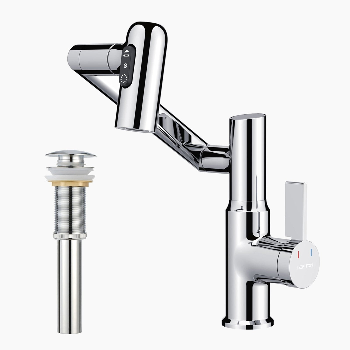 Metora Single-Hole Rotatable Faucet with Temperature Display-BF2204 with Pop-up Bathroom Sink Drain Stopper Without Overflow-D01
