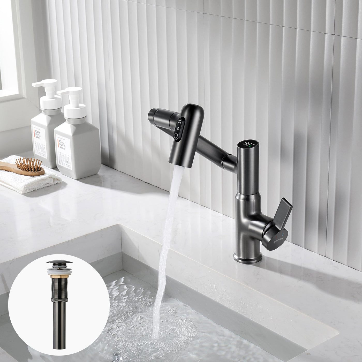 Metora Single-Hole Rotatable Faucet with Temperature Display-BF2204 with Pop-up Bathroom Sink Drain Stopper Without Overflow-D01
