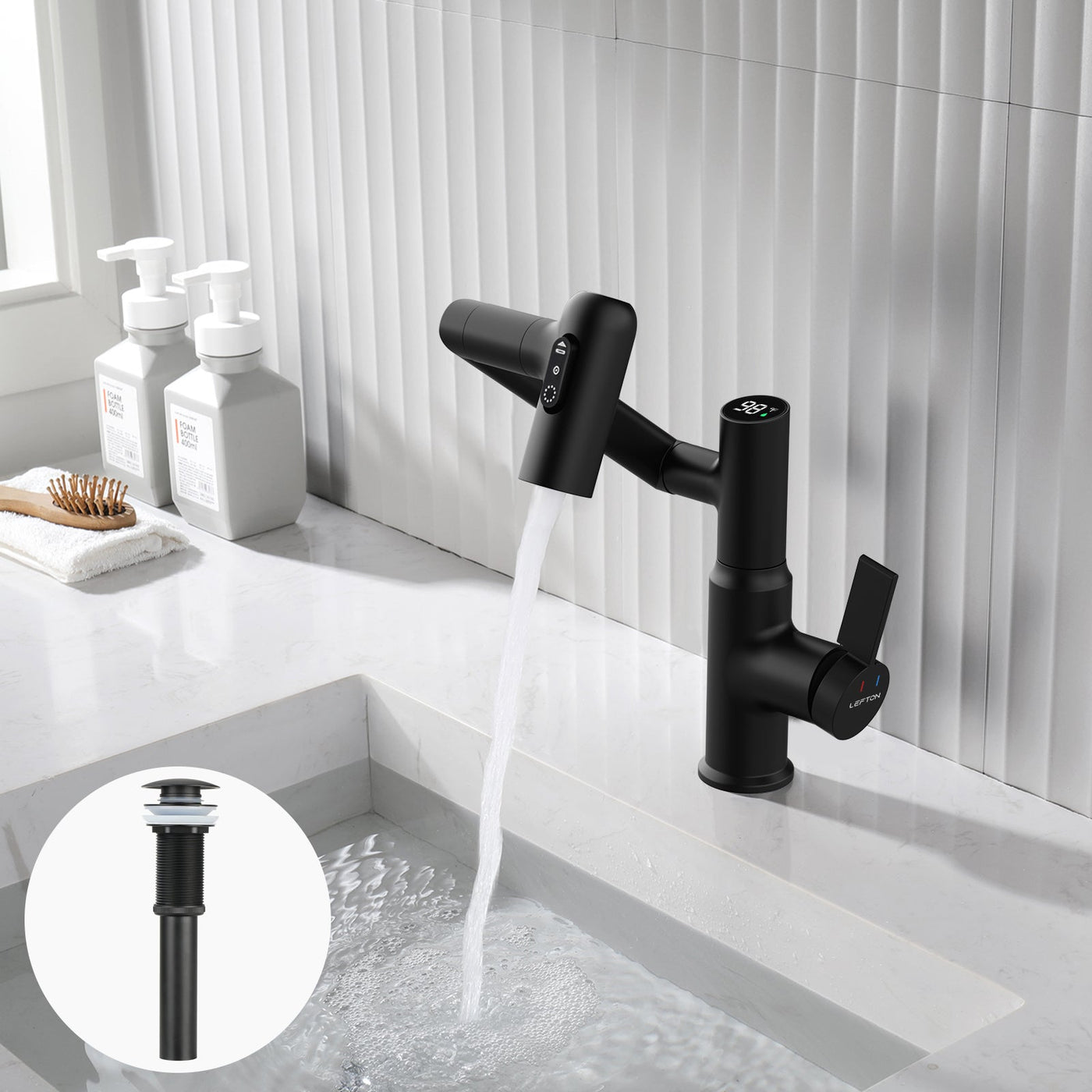 Metora Single-Hole Rotatable Faucet with Temperature Display-BF2204 with Pop-up Bathroom Sink Drain Stopper Without Overflow-D01