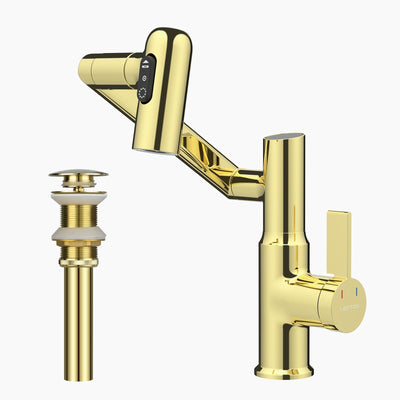 Metora Single-Hole Rotatable Faucet with Temperature Display-BF2204 with Pop-up Bathroom Sink Drain Stopper Without Overflow-D01