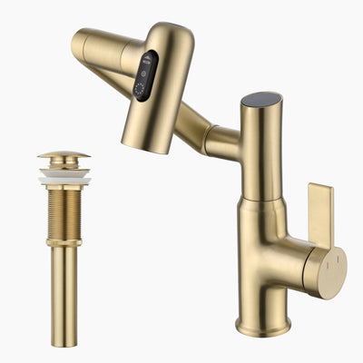 Metora Single-Hole Rotatable Faucet with Temperature Display-BF2204 with Pop-up Bathroom Sink Drain Stopper Without Overflow-D01