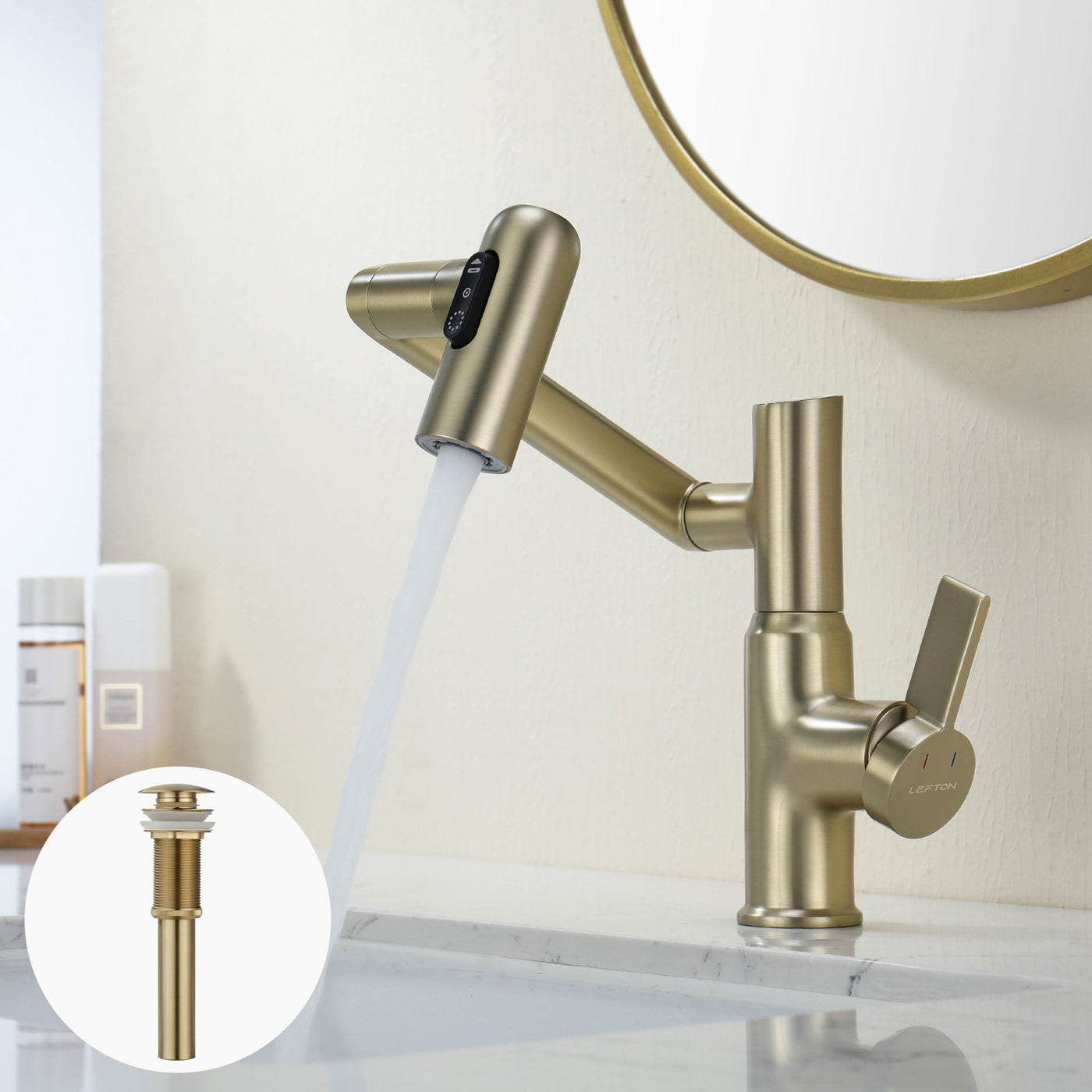 Metora Single-Hole Rotatable Faucet with Temperature Display-BF2204 with Pop-up Bathroom Sink Drain Stopper Without Overflow-D01