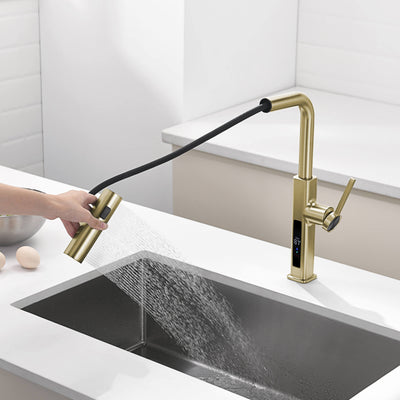 Metora Waterfall & Pull-Out Kitchen Faucet with Temperature Display-KF2209 with Countertop Glass Rinser-KFR2201
