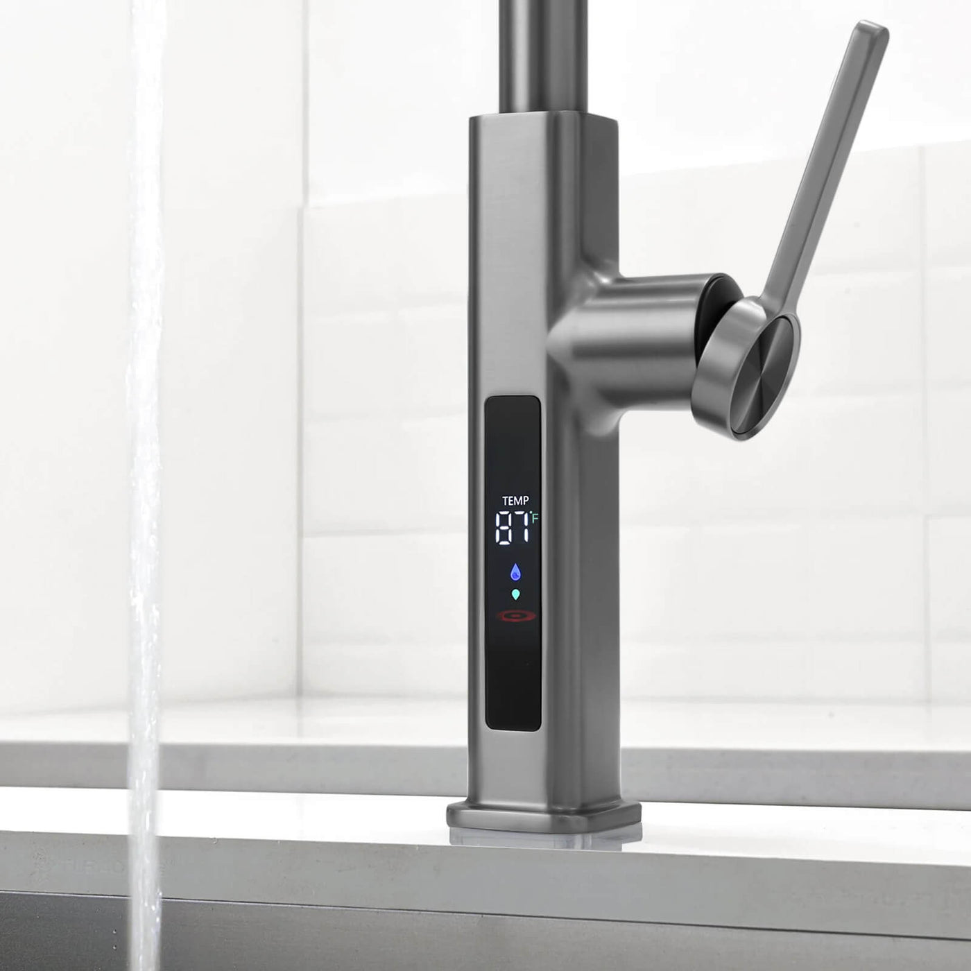Metora Waterfall & Pull-Out Kitchen Faucet with Temperature Display-KF2209 with Countertop Glass Rinser-KFR2201