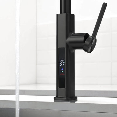 Metora Waterfall & Pull-Out Kitchen Faucet with Temperature Display-KF2209 with Countertop Glass Rinser-KFR2201