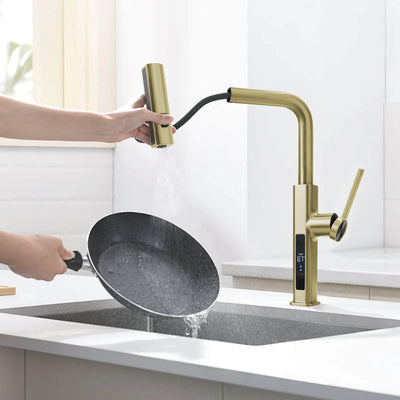 Metora Waterfall & Pull-Out Kitchen Faucet with Temperature Display-KF2209 with Countertop Glass Rinser-KFR2201