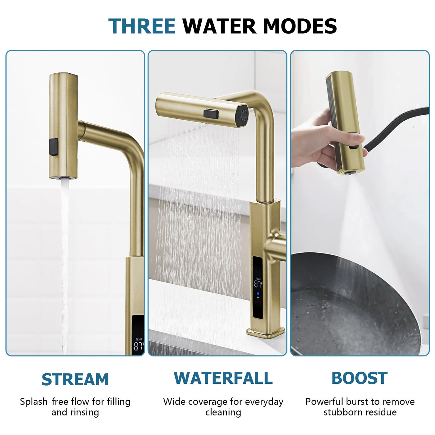 Metora Waterfall & Pull-Out Kitchen Faucet with Temperature Display-KF2209